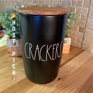 Rae Dunn “CRACKERS” LL Black Ceramic Wooden Lid Canister NWT